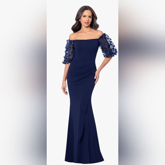 XSCAPE Melanie 3D Floral Sleeve Scuba Crepe Gown NWT size 8 Navy Blue - Picture 1 of 6